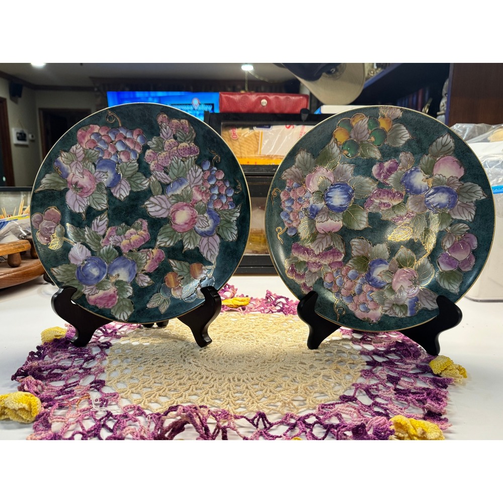 Andrea by Sadek Decorative Plates Set of 2 Fruit Floral Teal Gold Porcelain